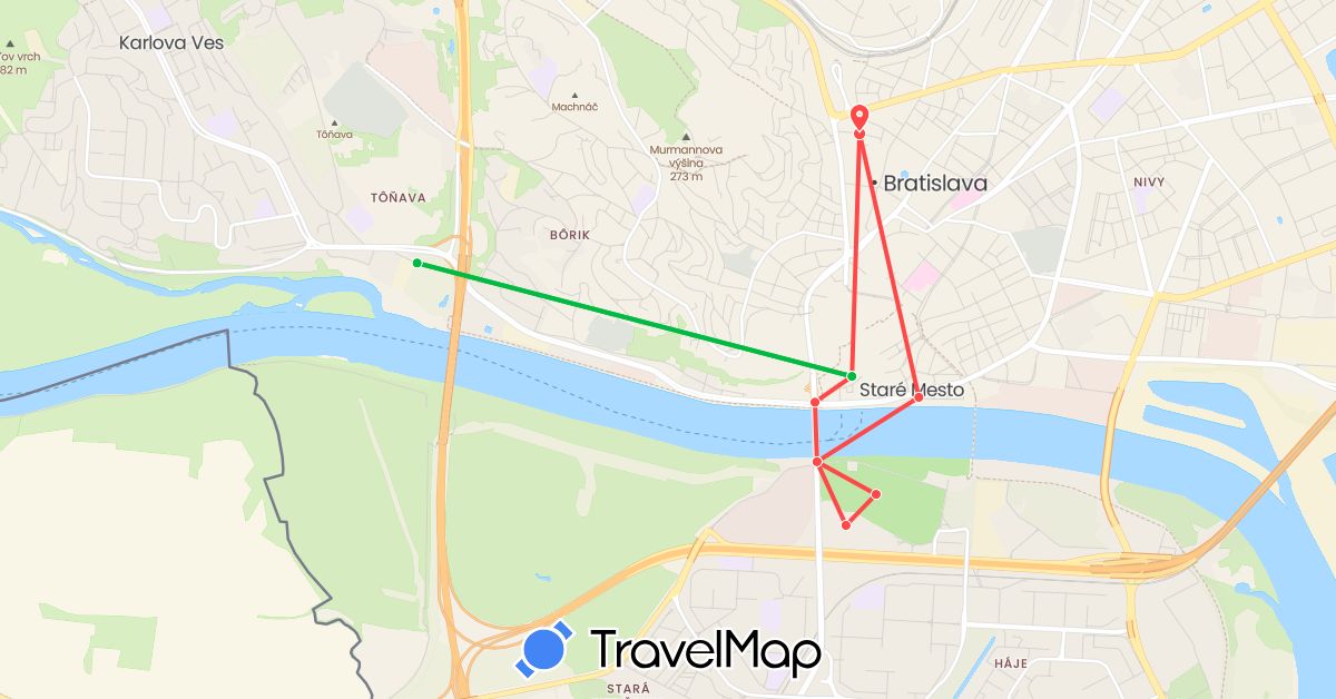 TravelMap itinerary: bus, hiking in Slovakia (Europe)