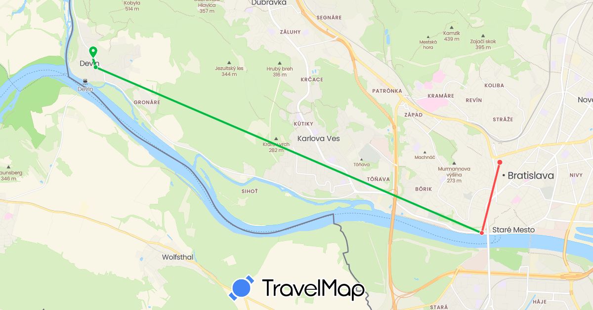 TravelMap itinerary: driving, bus, hiking in Slovakia (Europe)